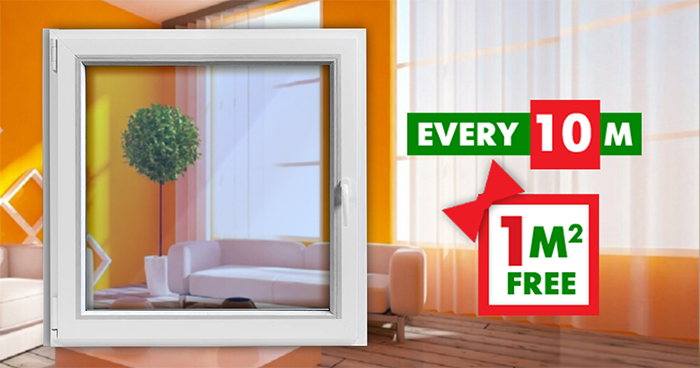 In February 2022 when you ordering more than 10 m2 PVC windows with ANY glass, ANY configuration get 1m2 as a Gift!