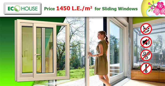 When ordering OFFWHITE SIDING PVC windows, with two sashes, with mirror single glass, only in APRIL 2018  the price is fixed 1450 Egyptian pounds per square meter!